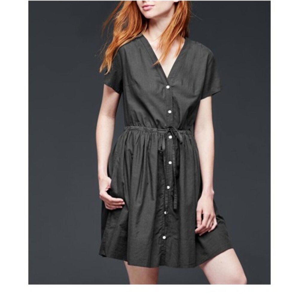 GAP Black Lightweight Button-Front Drawstring Waist Cotton Shirt Dress Size 4